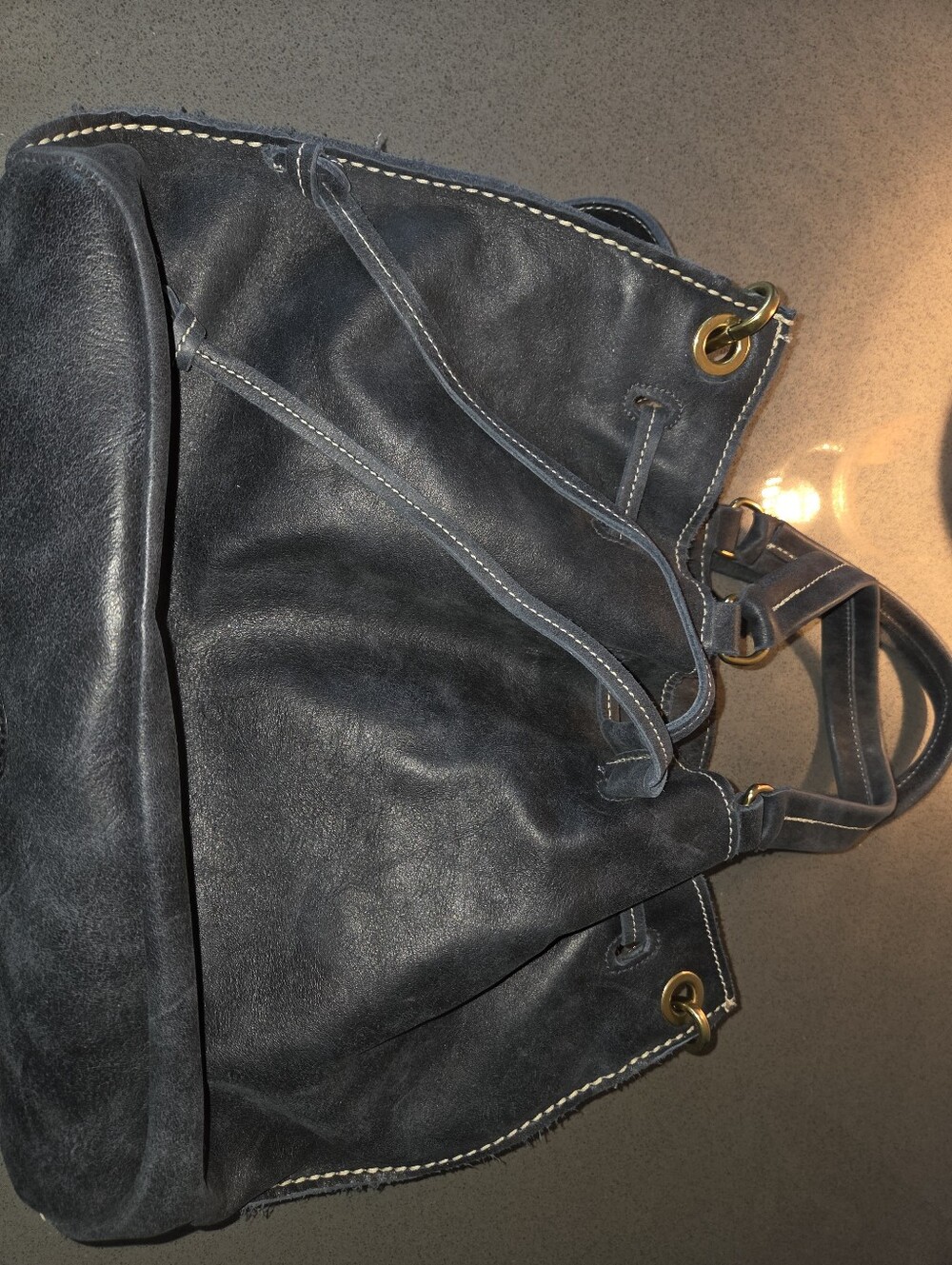 Roots Navy Tribe Leather Drawstring Bag